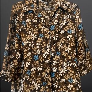 Petite Sophisticate Blue and Brown 3/4 Sleeve Boxy Blouse with Notched Collar